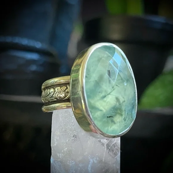 Faceted Prehnite Sterling Silver Ring Floral Band by designer Kyri